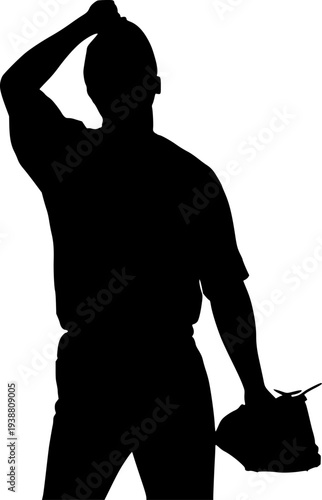 Black silhouette of a dejected baseball pitcher, discouraged athlete pose, isolated vector illustration on white background, defeated sports player.