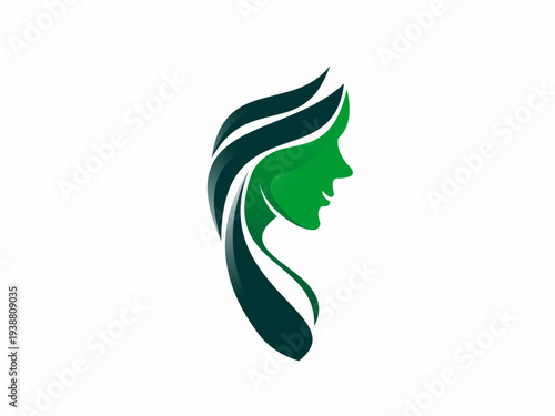 Green Eco Friendly Woman Face Profile Vector Illustration Symbol for Organic Beauty Natural Skin Care and Wellness Concept