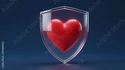 A symbolic representation of life and family protection featuring a shiny red heart secured by a transparent armor shield