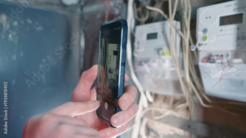 Hand Holding Smartphone Photographing Two Digital Electric Meters to Record Utility Readings | Close-Up Shot | Modern Energy Tracking