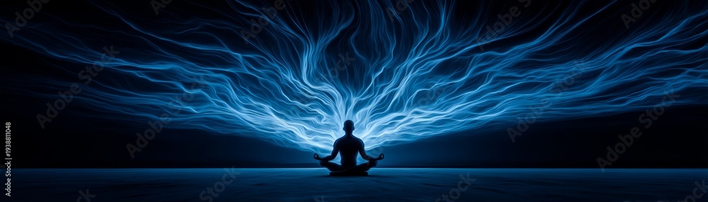 Fototapeta premium Expansive mental breakthrough concept with vibrant blue energy waves emanating from a meditating silhouette against a dark background, symbolizing clarity and insight.