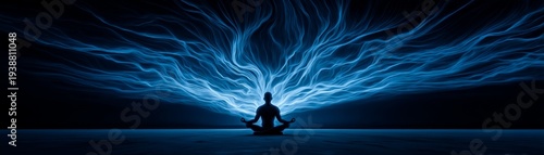 Wallpaper Mural Expansive mental breakthrough concept with vibrant blue energy waves emanating from a meditating silhouette against a dark background, symbolizing clarity and insight. Torontodigital.ca