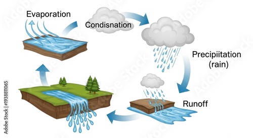 A diagram illustrating the water cycle, with arrows indicating the flow of water from evaporation to condensation to precipitation and runoff.