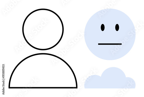 Technology, user identification, data storage, cloud computing, user interface, digital connection. Outline of a person next to a cloud with a face. Technology and user identification concept