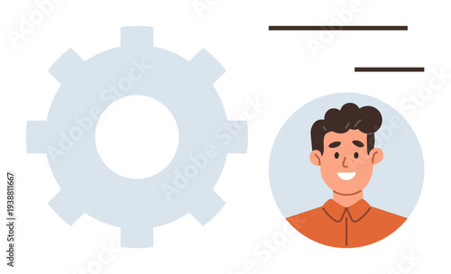 Profile building, user identity, digital tools, online presence, customization, human resources. Gear icon with lines and smiling man in a circle. Profile building and user identity concept