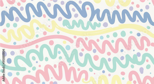 A soft and playful seamless pattern featuring hand-drawn squiggles and dots in pastel colors. This organic, doodle-style background is ideal for nursery decor, stationery, and "Naive" trend design.