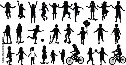Children silhouettes set of kids playing, jumping, running, cycling and skating isolated collection of playful childhood activity vector illustration