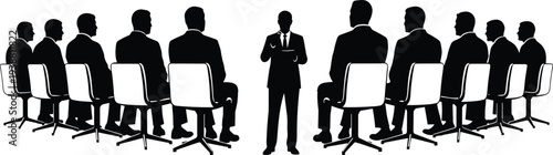 Business presentation to corporate audience, speaker addressing group of professionals in meeting conference seminar silhouette vector illustration on white background