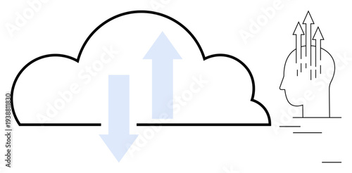 Cloud computing. Cloud computing showing data transfer with abstract human thinking ation. Cloud computing for technology, innovation, data sharing, digital solutions, creativity