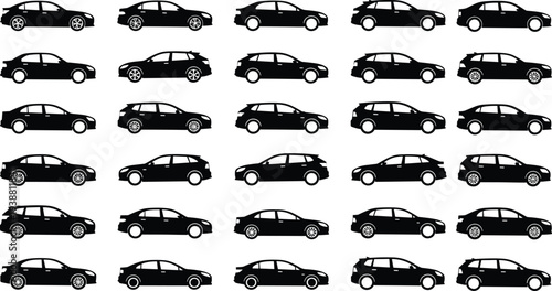 Car silhouette collection with various sedan and hatchback models, side view automobile vector set isolated on white background