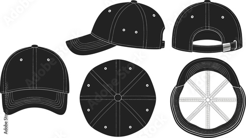 Baseball cap vector template set with front, side, back, top and inside views, realistic stitching details isolated on white background