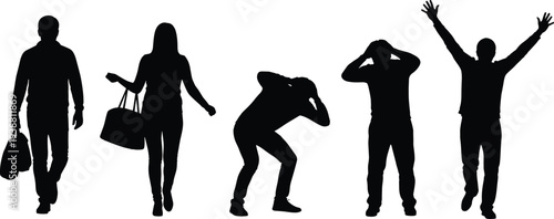 Human silhouette collection showing walking, shopping, stress, confusion and celebration poses, diverse people body language isolated on white background