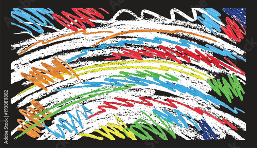 A chaotic and expressive collection of colorful chalk and pastel scribbles over a black background. Featuring wavy white lines and vibrant color hatching,.