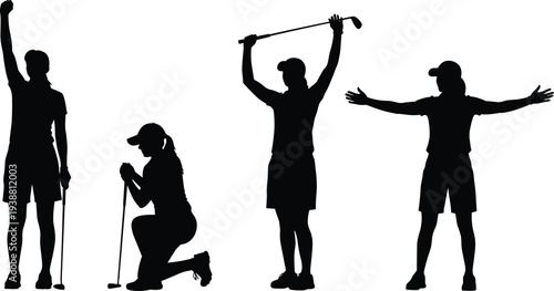 Female golfer silhouette collection with golf club, celebrating victory, kneeling and standing poses, sports activity vector set isolated background