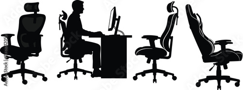 Office and gaming chair silhouette collection with ergonomic seats and man working at computer desk, workplace furniture vector set isolated