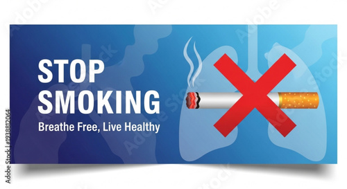 Stop smoking campaign sign with red cross and cigarette on blue background promoting healthy living