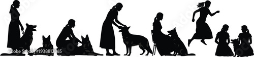 Woman with dog silhouette collection, female owner training, sitting, playing and caring for pet, animal companionship vector set isolated background