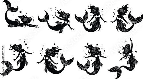 Mermaid silhouette collection with flowing hair and fish tails, fantasy underwater characters, mythical sea creature vector set isolated background