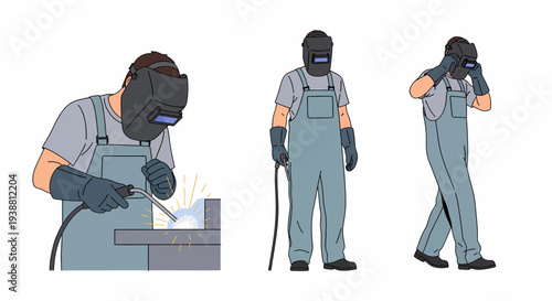 A detailed illustration showing a welder performing tasks, including active welding, standing with equipment, and adjusting the mask.
