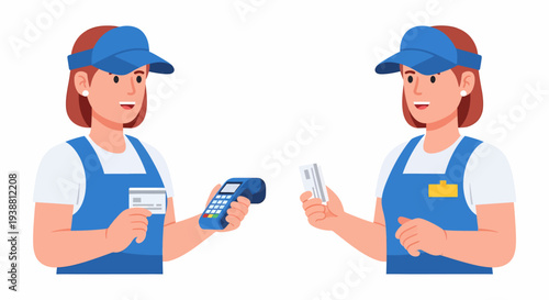 Female cashier demonstrating credit card payment with a POS terminal.