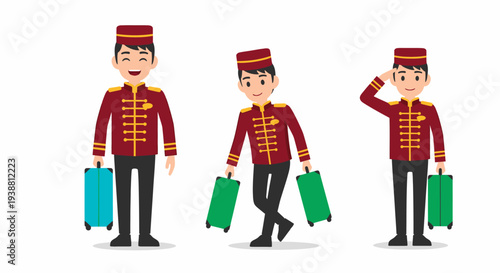 Three cheerful cartoon bellhops in red uniforms holding suitcases, depicting various poses and hotel service.