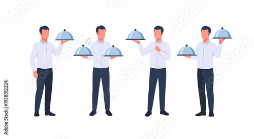 Four men in white shirts and dark pants, acting as waiters, holding serving trays with cloches.