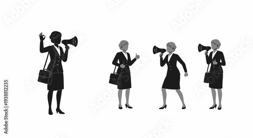 Four women in business suits communicating with megaphones, representing advocacy or public speaking.