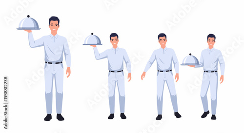 Four cartoon illustrations of a male waiter in a light blue uniform holding a silver cloche on a tray, depicted in various poses.