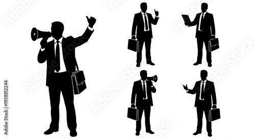 Silhouettes of six businessmen in suits with briefcases, engaged in various professional actions like speaking, gesturing, and holding a megaphone or tablet.