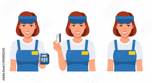 Three illustrations of a smiling female cashier or store employee in uniform, demonstrating payment methods with a POS terminal and credit card.