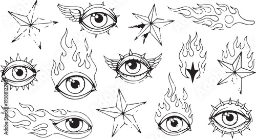 A collection of edgy, hand-drawn tattoo flash elements in a neo-tribal and cyber sigilism style. Featuring a celestial "all-seeing" eye, flaming hearts, and sharp symmetrical spikes.