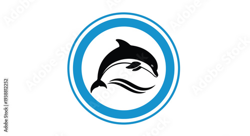 Logo of a dolphin jumping through a blue hoop on a white background.