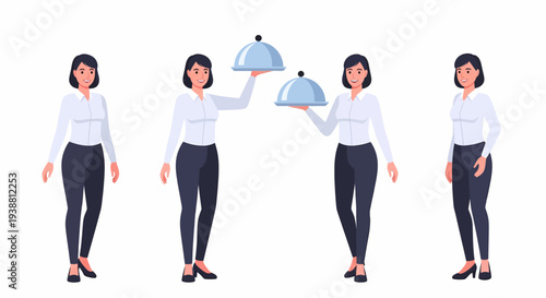 Four illustrations of a female waitress in a white shirt and dark pants, two holding silver cloches, depicting service and hospitality.