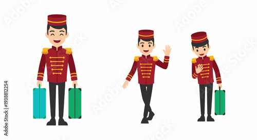 Cartoon bellboy character in various poses, wearing a red uniform, holding suitcases, and waving, representing hotel service.