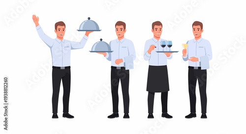 Four cartoon male waiters in various poses, holding cloches and a tray with wine glasses, representing restaurant service.