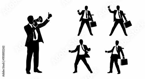 Silhouettes of businessmen in various poses, one with a megaphone, symbolizing communication and leadership.