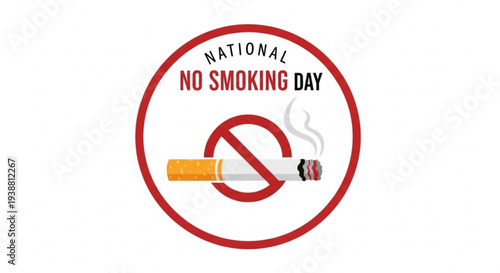 National no smoking day sign with cigarette and red prohibition symbol on white background