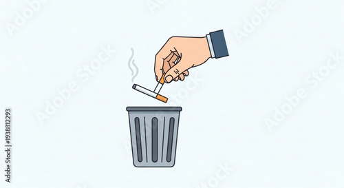Hand throwing away a lit cigarette into a trash can symbolizing quitting smoking and a healthy lifestyle choice