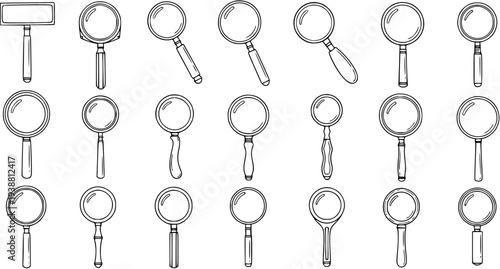 Hand-drawn Magnifying Glass Line Art Icons Set. Black and White Outline Doodle Collection for Research, Science, Education, and Business Search Concepts.