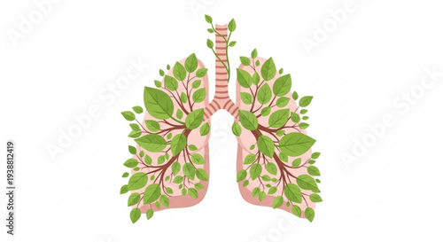 Human lungs with green leaves and branches symbolizing healthy breathing and nature wellness concept