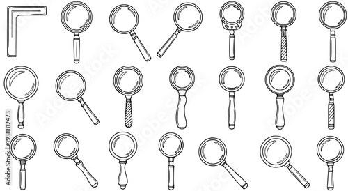 Hand-Drawn Magnifying Glasses Collection in Black and White Line Art Style. Various Magnifiers for Investigation, Science, Research, and Education Concepts.