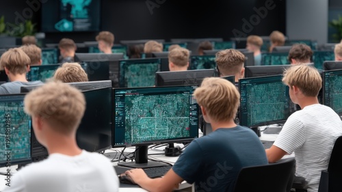 Students engaged in coding workshop tech lab digital learning environment educational setting collaborative experience