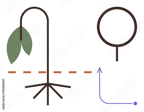 Growth, transformation, sustainability, progress, change, nature symbolism. Simplified plant transitioning from wilted to upright via dotted cutting line and curved arrow. Growth and transformation