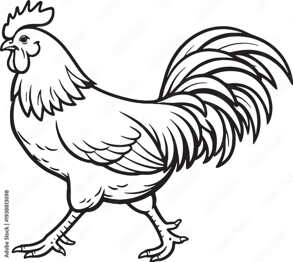 Fototapeta premium Rooster Walking Side Profile Black and White Line Art Illustration