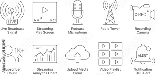 Streaming media icons, live broadcast signal, podcast microphone, video recording symbols