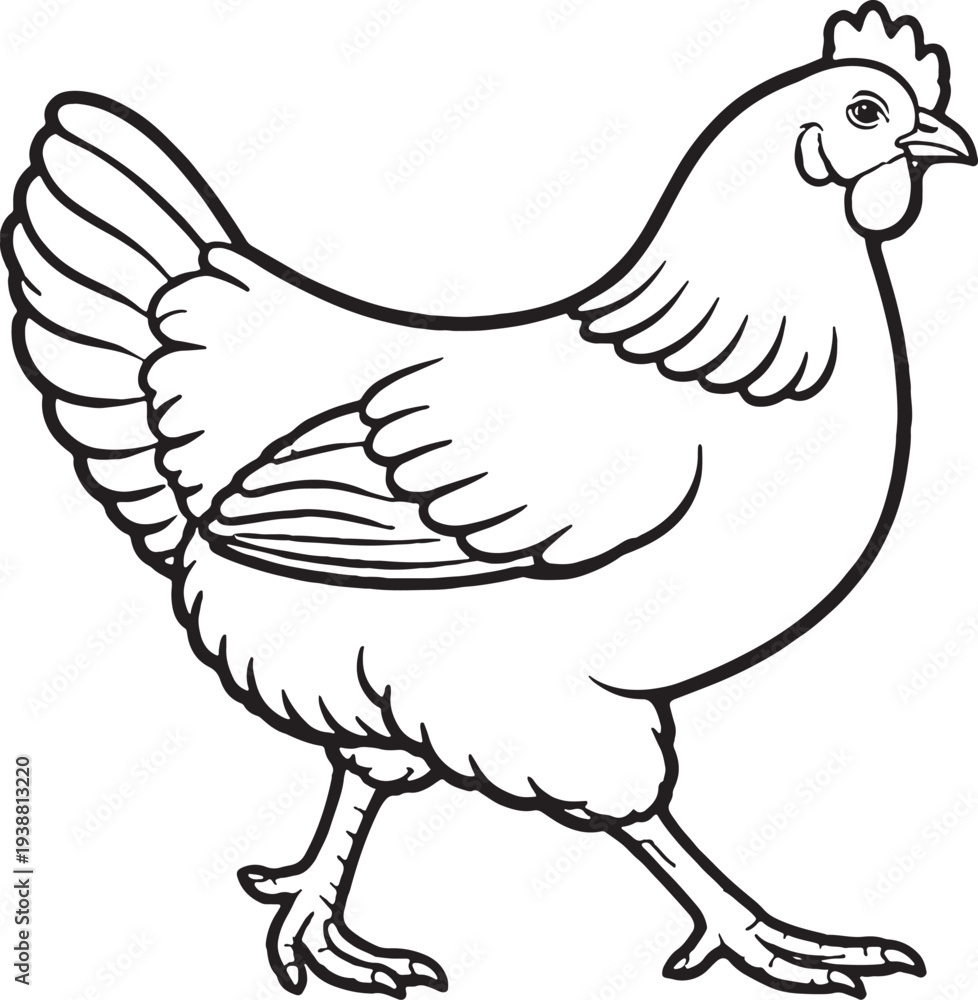 Fototapeta premium Hen Walking Forward Side Stride Pose Black and White Line Art Illustration