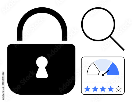 Security concept. Lock symbol, search icon, and performance rating gauge security, data protection, and trust. Security in digital applications, online platforms and systems. For cybersecurity data