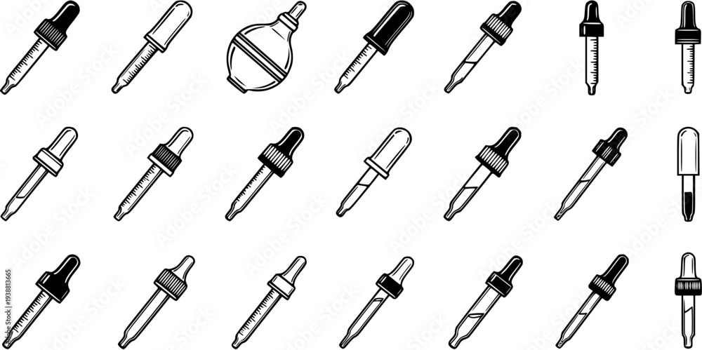Naklejka premium Black and White Line Art Icons of Medicine Droppers and Pipettes