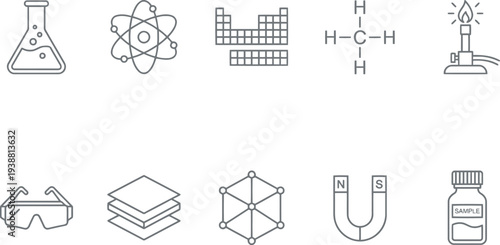 Collection of thin line icons for chemistry and physics laboratory equipment and scientific symbols.