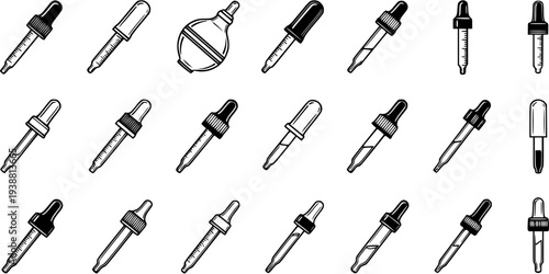 Black and White Line Art Icons of Medicine Droppers and Pipettes
